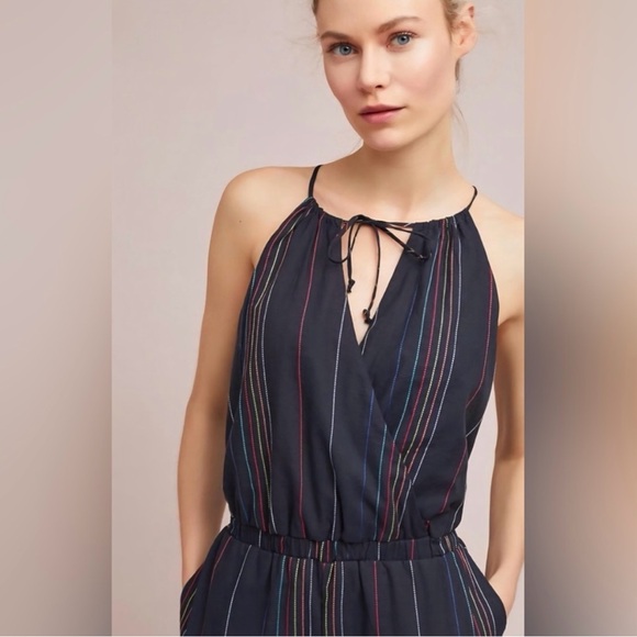 Anthropologie Dolan Navy/Rainbow Striped Halter Jumpsuit. Size S - Picture 3 of 10